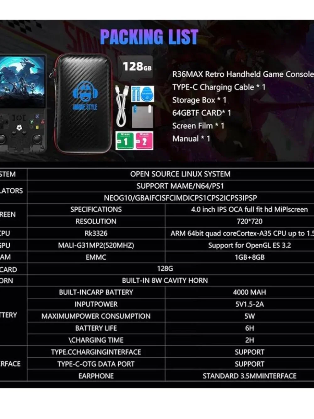 NEW-2025 MAX Retro Handheld Game Console, 30+Emulator 30,000 + VIDEO GAMES-BLACK